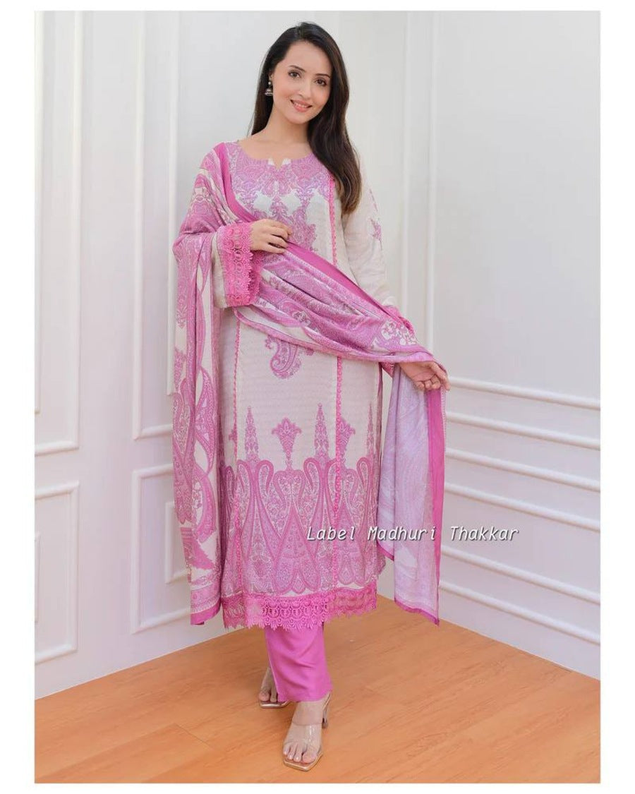 ATTRACTIVE MUSLIN DIGITAL PRINT WORK TOP BOTTOM WITH DUPATTA PINK