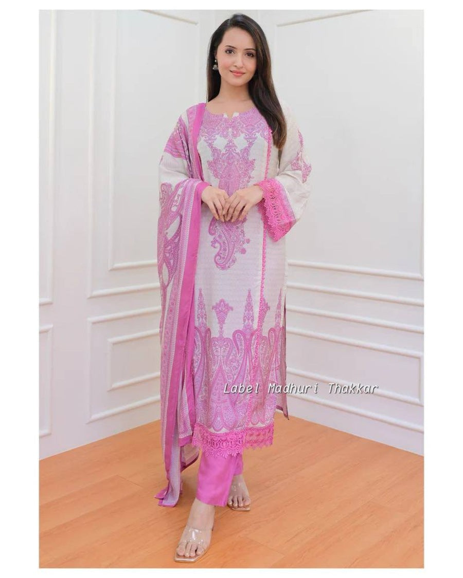 ATTRACTIVE MUSLIN DIGITAL PRINT WORK TOP BOTTOM WITH DUPATTA PINK