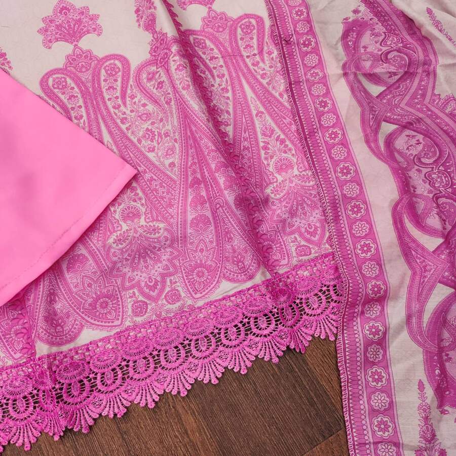 ATTRACTIVE MUSLIN DIGITAL PRINT WORK TOP BOTTOM WITH DUPATTA PINK