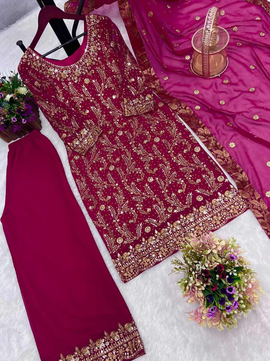 FANCY GEORGETTE EMBROIDREY STONE WORK TOP PALAZZO WITH DUPATTA PINK