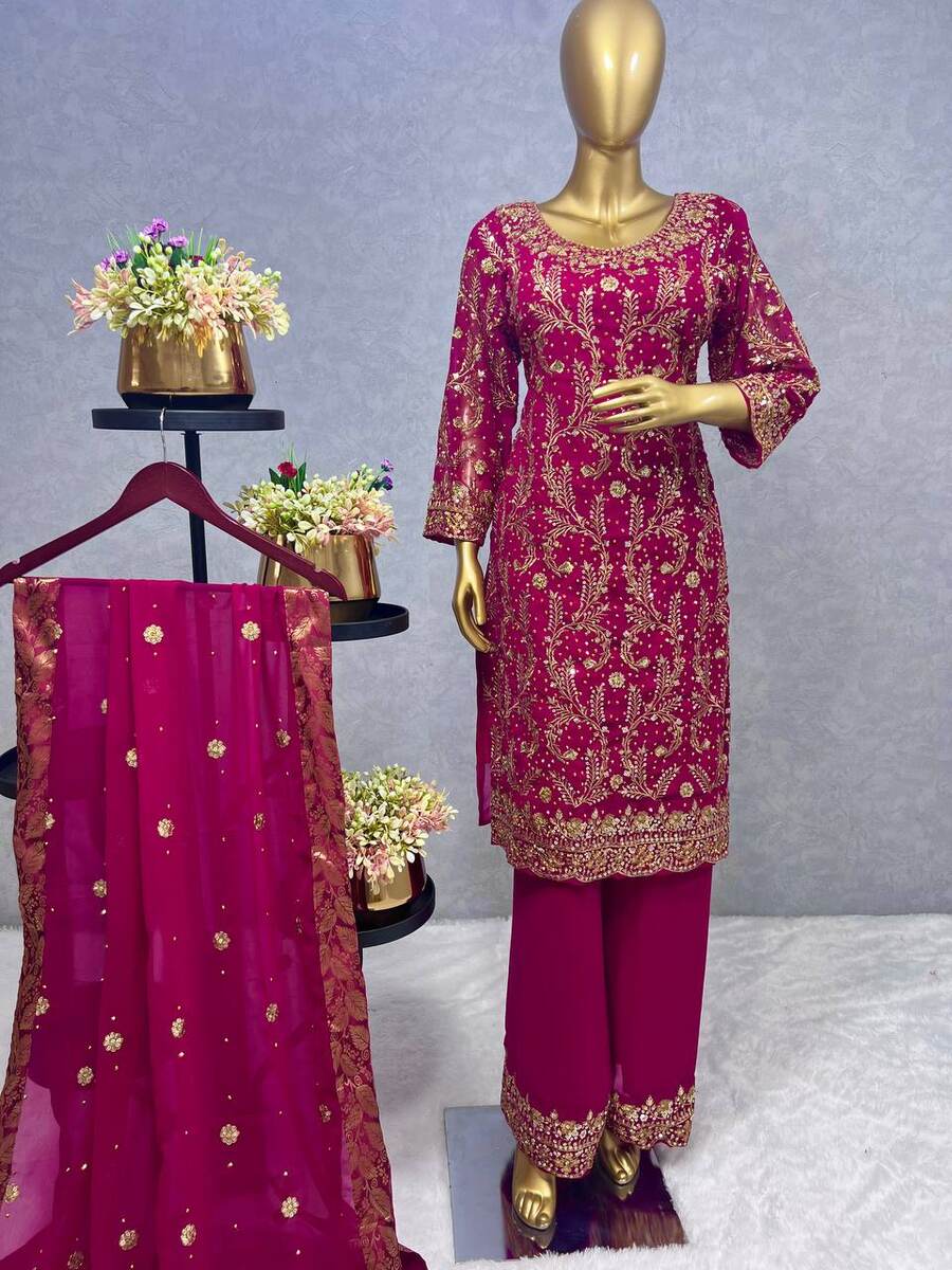 FANCY GEORGETTE EMBROIDREY STONE WORK TOP PALAZZO WITH DUPATTA PINK