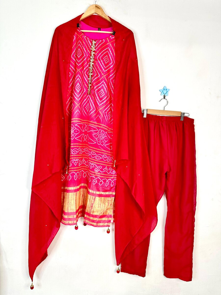 FANCY CHINON SILK BANDHNI PRINTED SEQUENCE LATKAN WORK TOP BOTTOM WITH DUPATTA