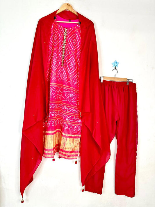 FANCY CHINON SILK BANDHNI PRINTED SEQUENCE LATKAN WORK TOP BOTTOM WITH DUPATTA