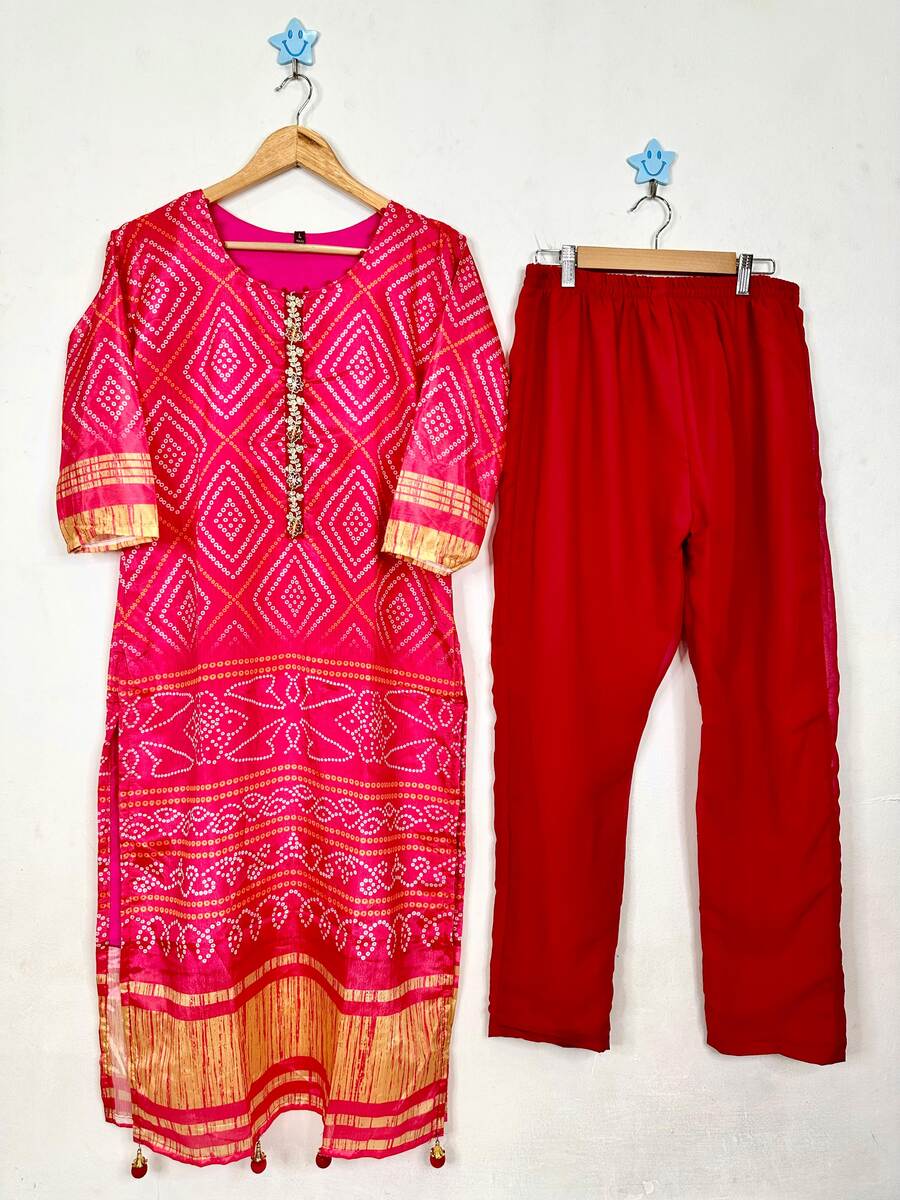 FANCY CHINON SILK BANDHNI PRINTED SEQUENCE LATKAN WORK TOP BOTTOM WITH DUPATTA