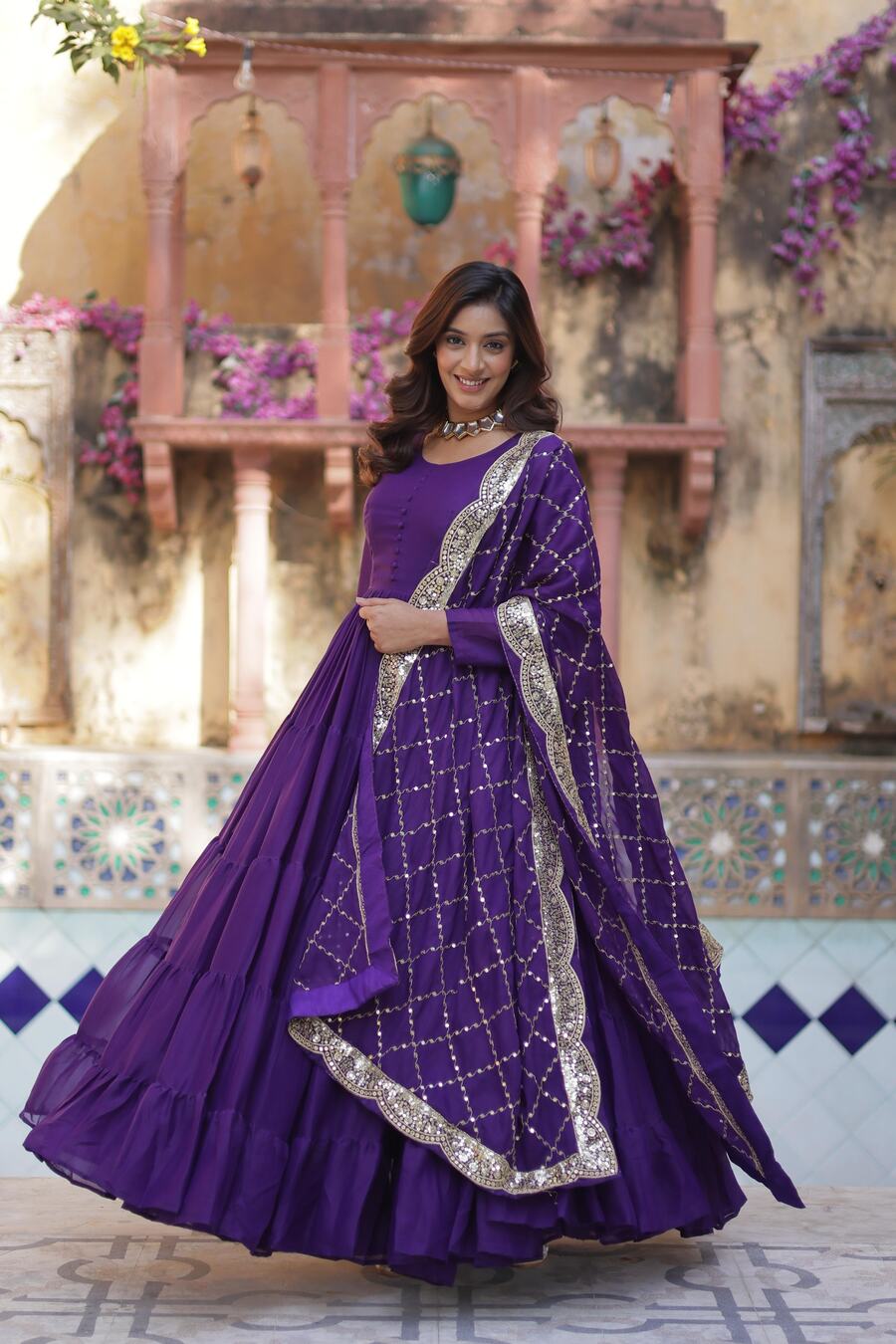 FASHIONABLE GEORGETTE PLAIN LAYER GOWN WITH EMBROIDERY SEQUENCE WORK DUPATTA PURPLE