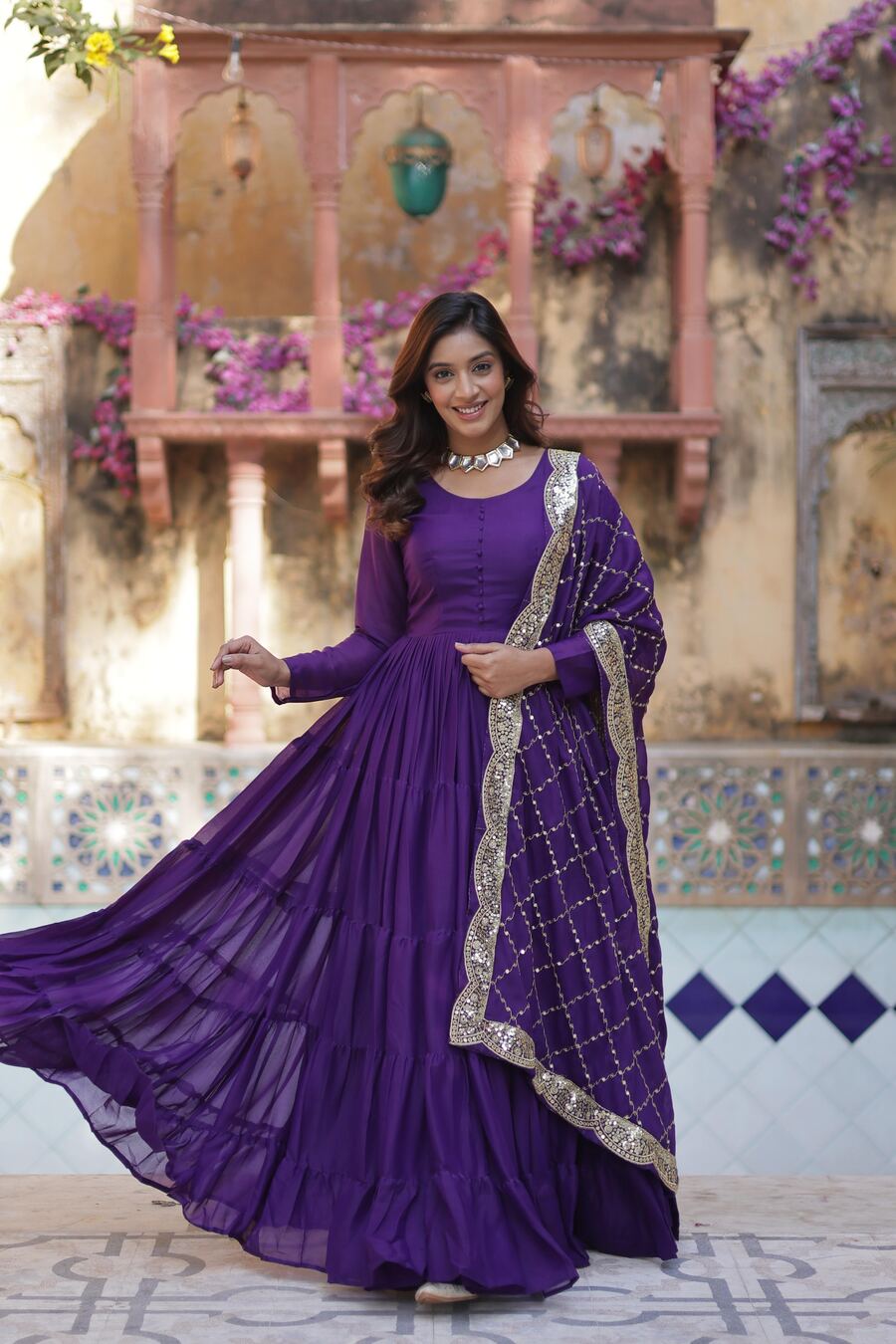 FASHIONABLE GEORGETTE PLAIN LAYER GOWN WITH EMBROIDERY SEQUENCE WORK DUPATTA PURPLE