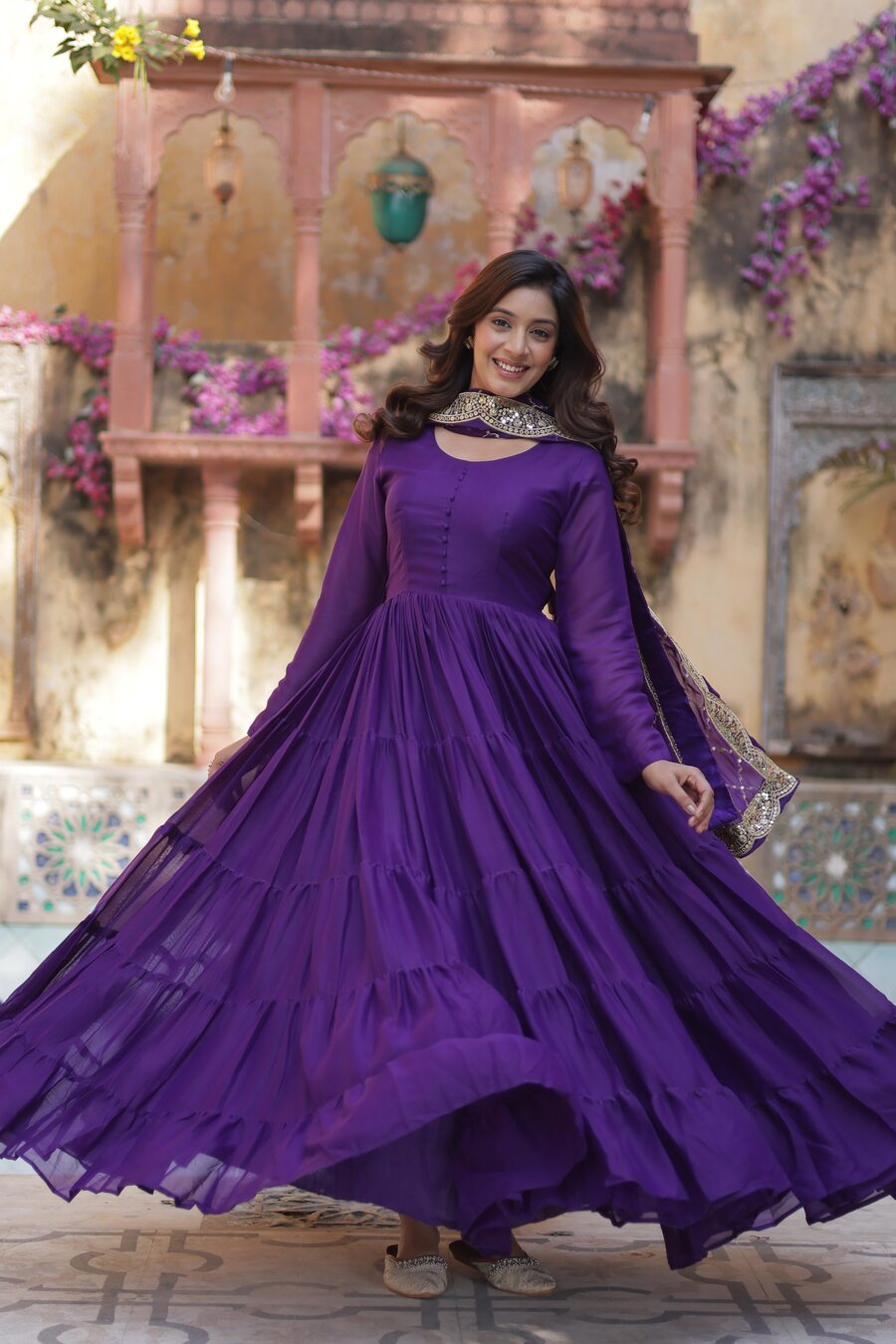 FASHIONABLE GEORGETTE PLAIN LAYER GOWN WITH EMBROIDERY SEQUENCE WORK DUPATTA PURPLE