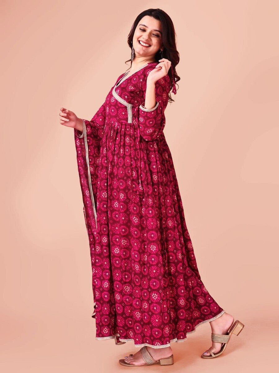 ATTRACTIVE DELTA SILK DIGITAL PRINT WORK GOWN WITH DUPATTA PINK