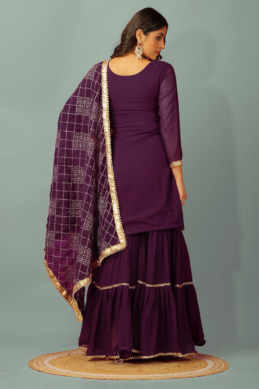 FANCY GEORGETTE EMBROIDERY SEQUENCE MOTI LACE WORK TOP SHARARA WITH DUPATTA