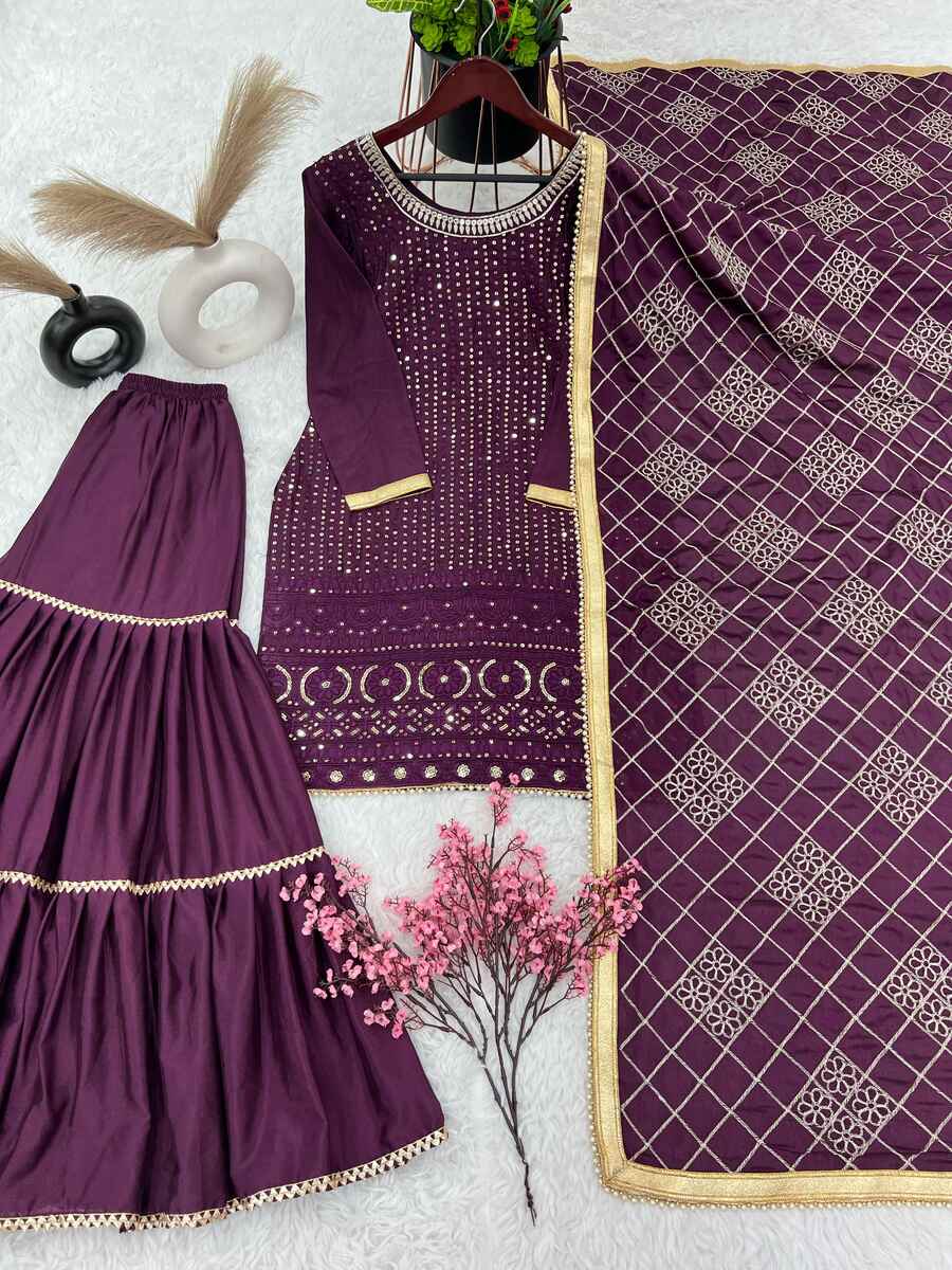 FANCY GEORGETTE EMBROIDERY SEQUENCE MOTI LACE WORK TOP SHARARA WITH DUPATTA