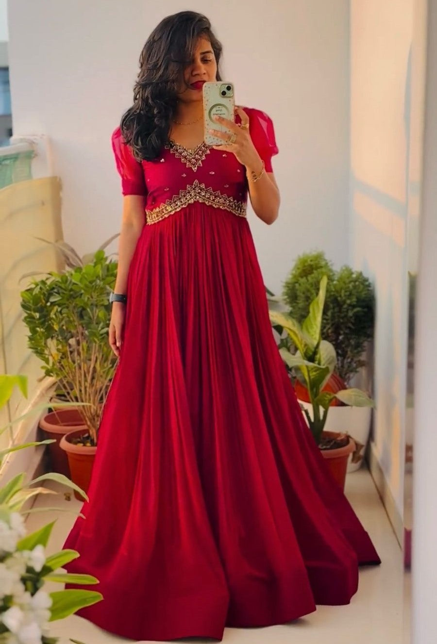 FANCY GEORGETTE SEQUENCE EMBROIDERY WORK ALIA CUT GOWN RED