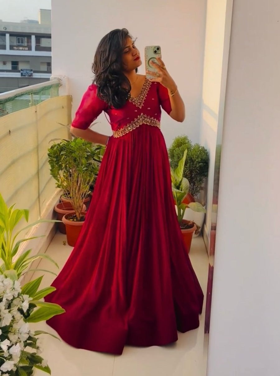 FANCY GEORGETTE SEQUENCE EMBROIDERY WORK ALIA CUT GOWN RED