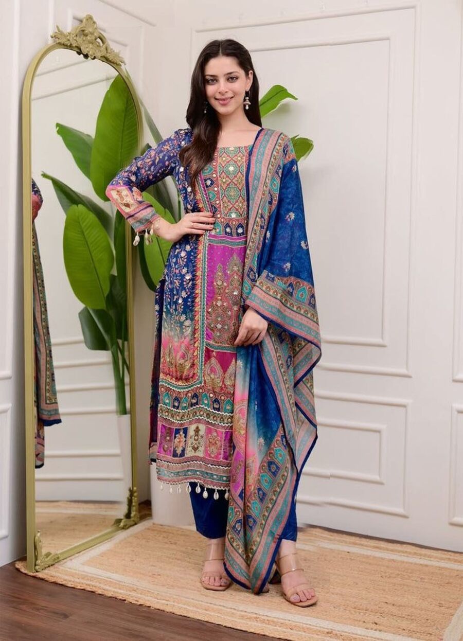 FANCY CHINON PRINTED MOTI LACE WORK TOP BOTTOM WITH DUPATTA BLUE