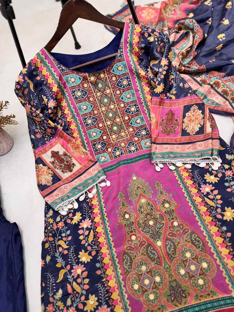 FANCY CHINON PRINTED MOTI LACE WORK TOP BOTTOM WITH DUPATTA BLUE