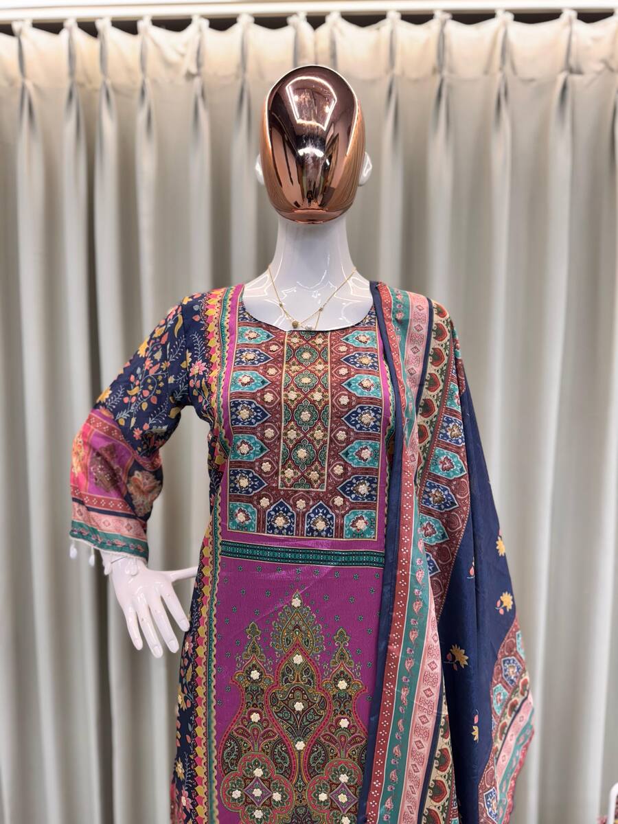 FANCY CHINON PRINTED MOTI LACE WORK TOP BOTTOM WITH DUPATTA BLUE