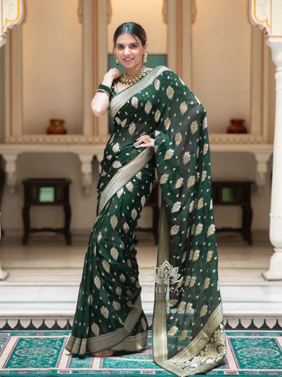 NEW ARRIVAL BANARASI SOFT SILK WEAVING WORK SAREE WITH UNSTITCHED BLOUSE GREEN