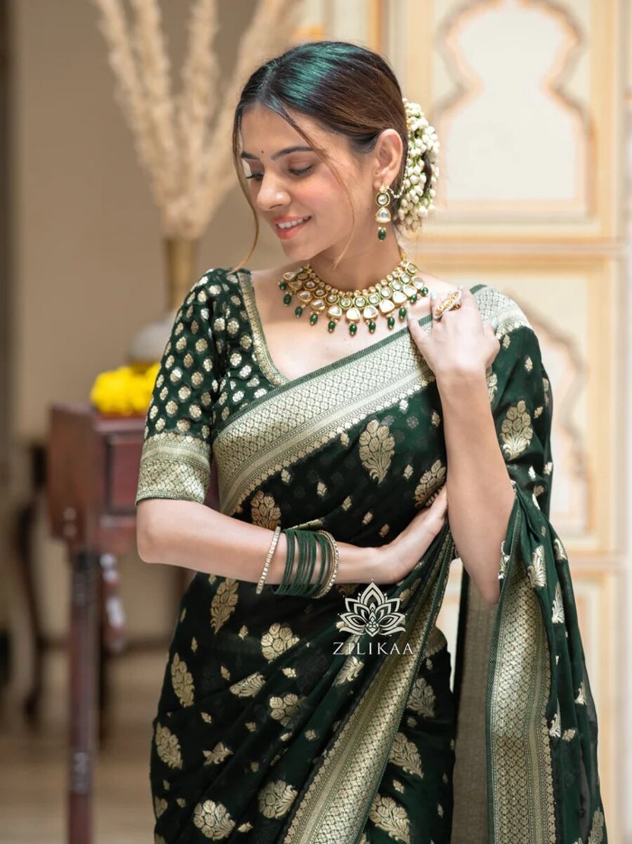 NEW ARRIVAL BANARASI SOFT SILK WEAVING WORK SAREE WITH UNSTITCHED BLOUSE GREEN