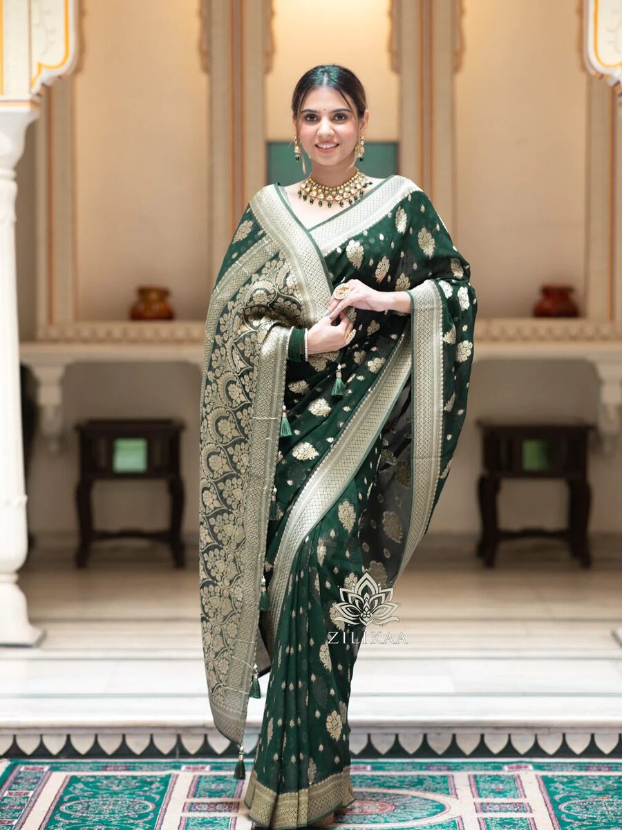 NEW ARRIVAL BANARASI SOFT SILK WEAVING WORK SAREE WITH UNSTITCHED BLOUSE GREEN