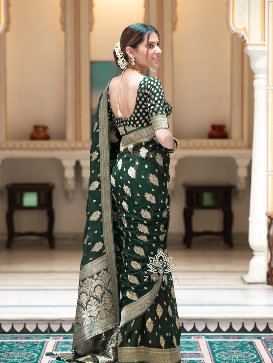 NEW ARRIVAL BANARASI SOFT SILK WEAVING WORK SAREE WITH UNSTITCHED BLOUSE GREEN