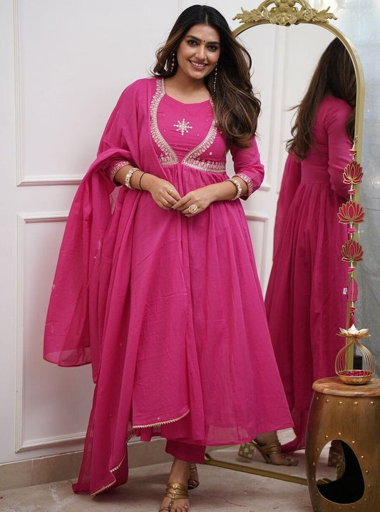 DESIGNER MUSLIN COTTON EMBROIDERY WORK TOP BOTTOM WITH DUPATTA PINK