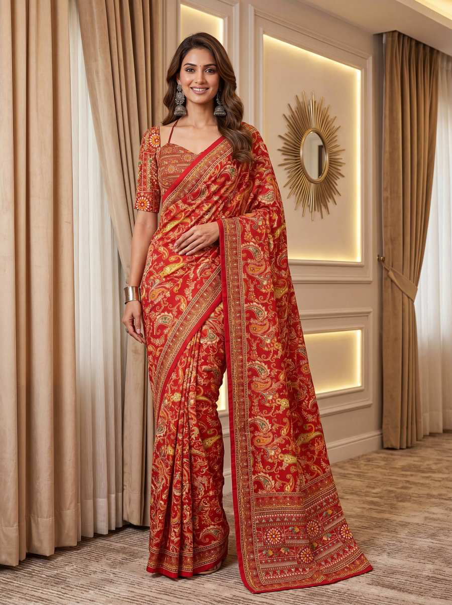Indian DESIGNER GEORGETTE PRINT WITH BLACK SEQUENCE WORK LACE BORDER SAREE unstitched