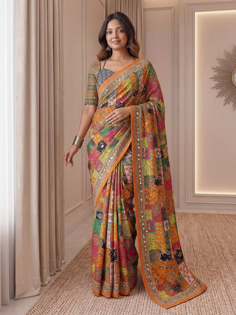 Indian DESIGNER GEORGETTE PRINT WITH BLACK SEQUENCE WORK LACE BORDER SAREE unstitched