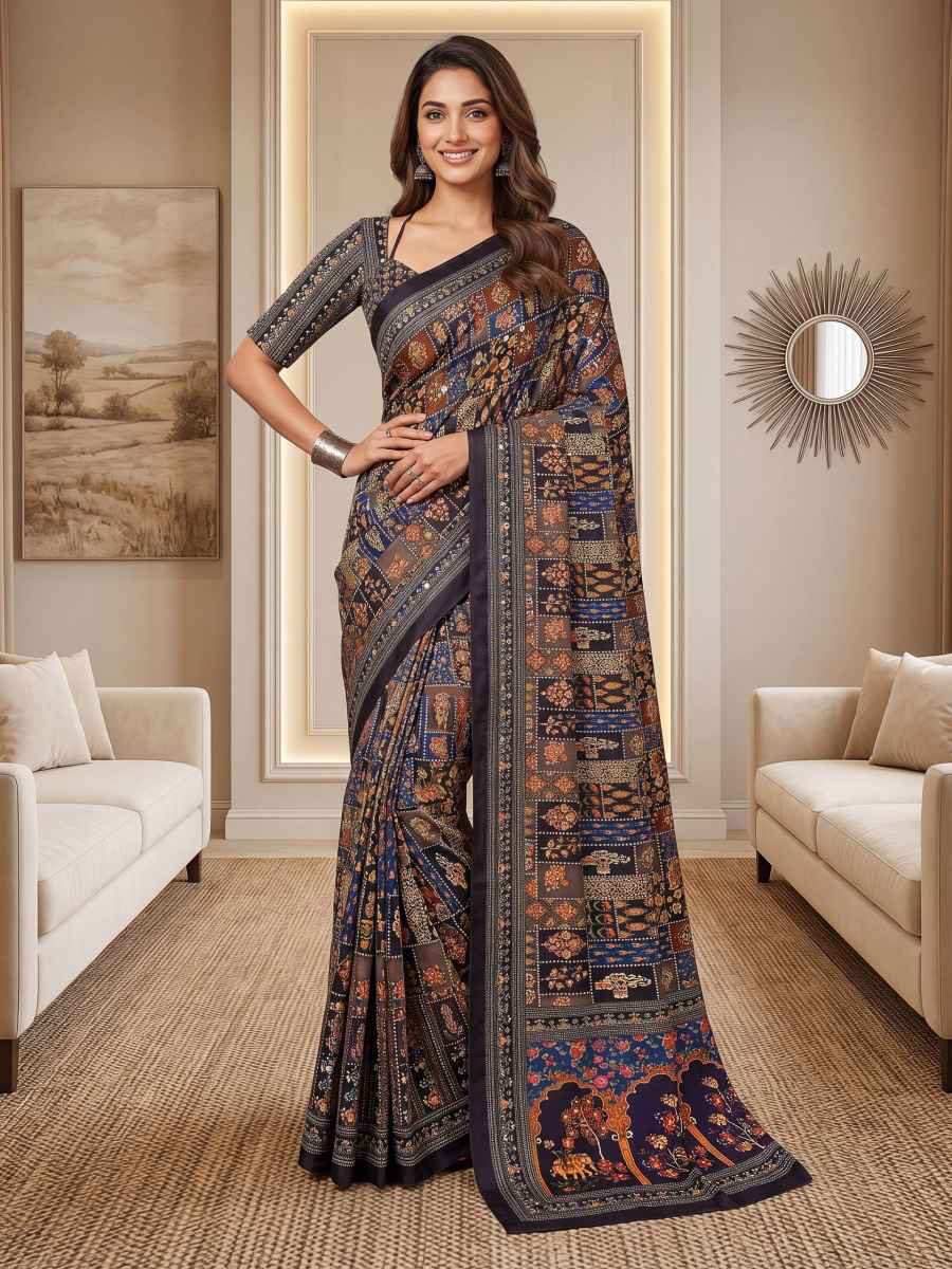 Indian DESIGNER GEORGETTE PRINT WITH BLACK SEQUENCE WORK LACE BORDER SAREE unstitched