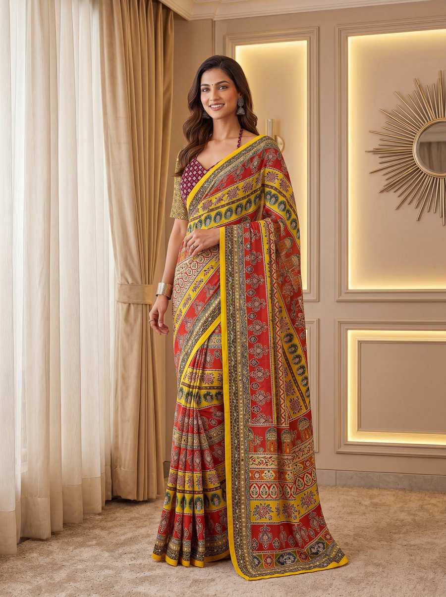 Indian DESIGNER GEORGETTE PRINT WITH BLACK SEQUENCE WORK LACE BORDER SAREE unstitched
