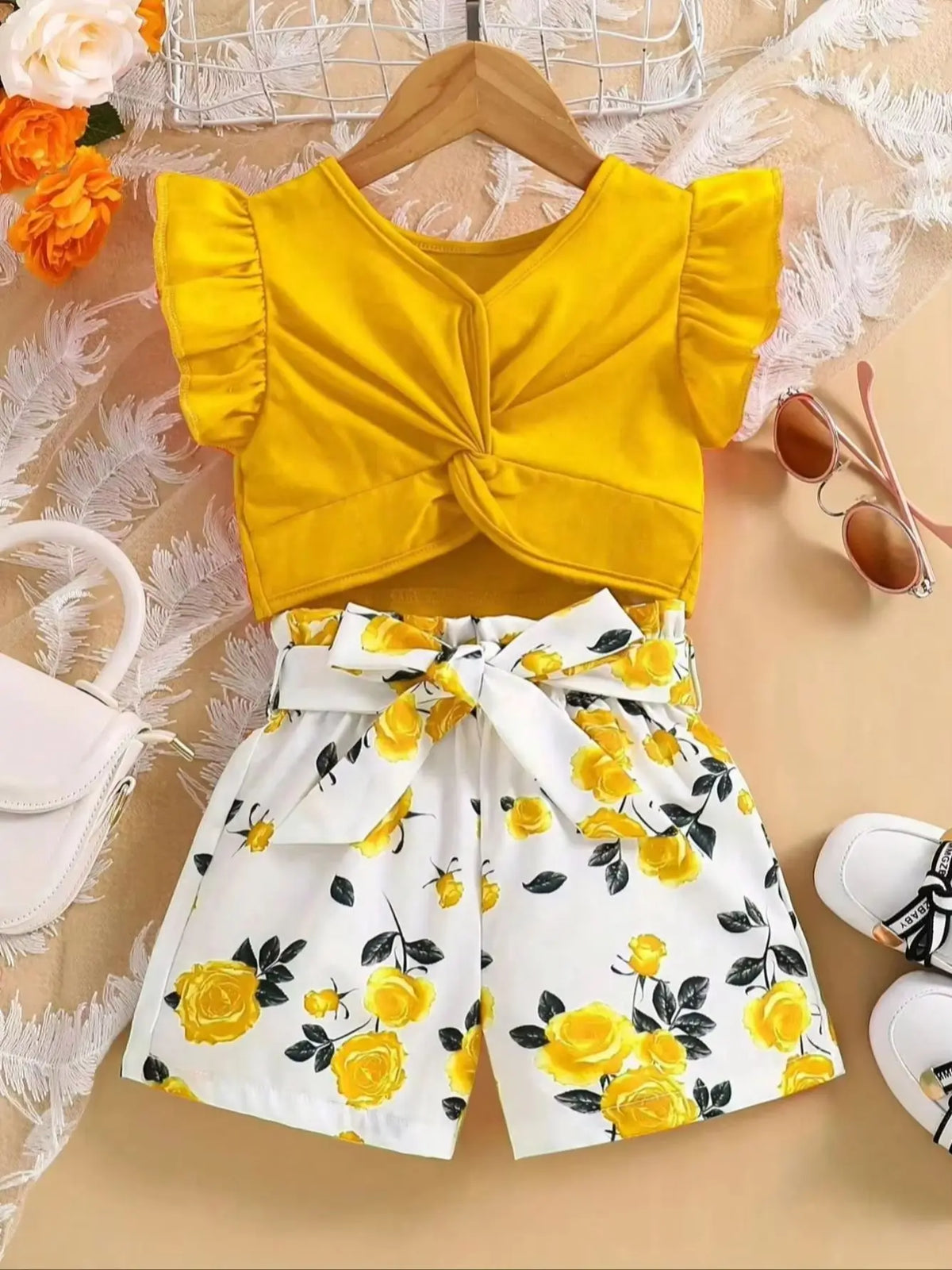 Kids Clothing Set Summer Casual Ruffle Edge Sleeveless Bow Solid Color Top with Printed Pattern Shorts And Belt