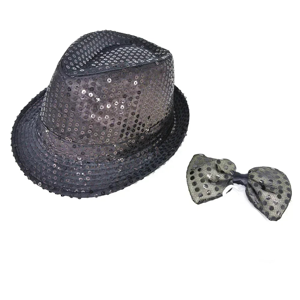 Kids Adult LED Light Up Tie Sequin Jazz Fedora Hat Flashing Neon Glow Party Gift Costume Cap Birthday  Favors Wedding Festival