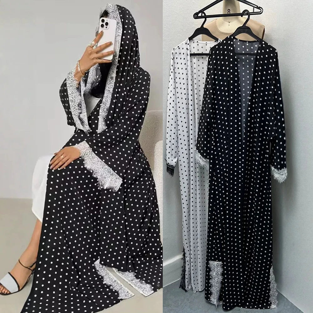 Eid Abaya Women Dresses Dot Print Cardigan Robe Jalabiya Lace Patchwork Ramadan Morocco Dubai Muslim Kaftan Islam Vestidos