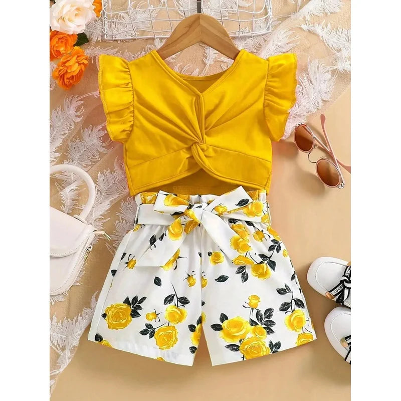 Kids Clothing Set Summer Casual Ruffle Edge Sleeveless Bow Solid Color Top with Printed Pattern Shorts And Belt