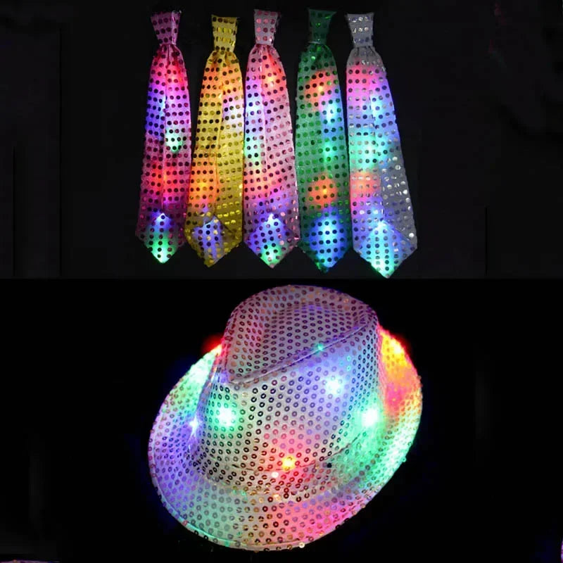 Kids Adult LED Light Up Tie Sequin Jazz Fedora Hat Flashing Neon Glow Party Gift Costume Cap Birthday  Favors Wedding Festival