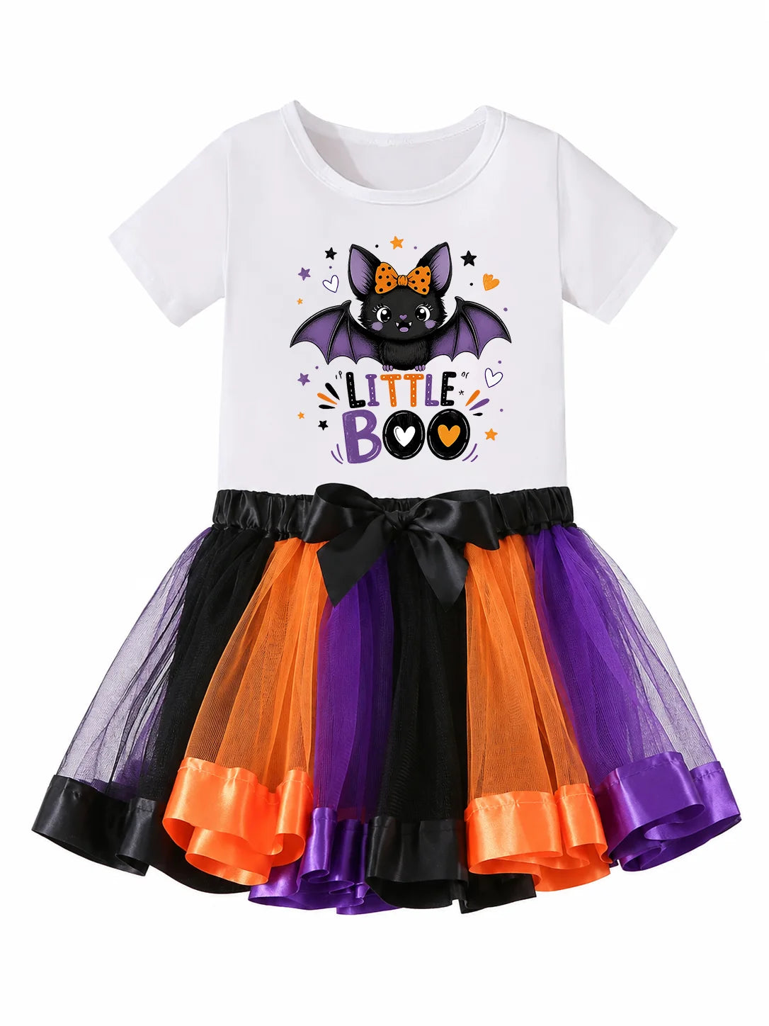 Toddler Girls Halloween Outfit Little Boo Bat Print Short Sleeve T-shirt Color Block Tutu Skirt Set Kids Cosplay Party Costume