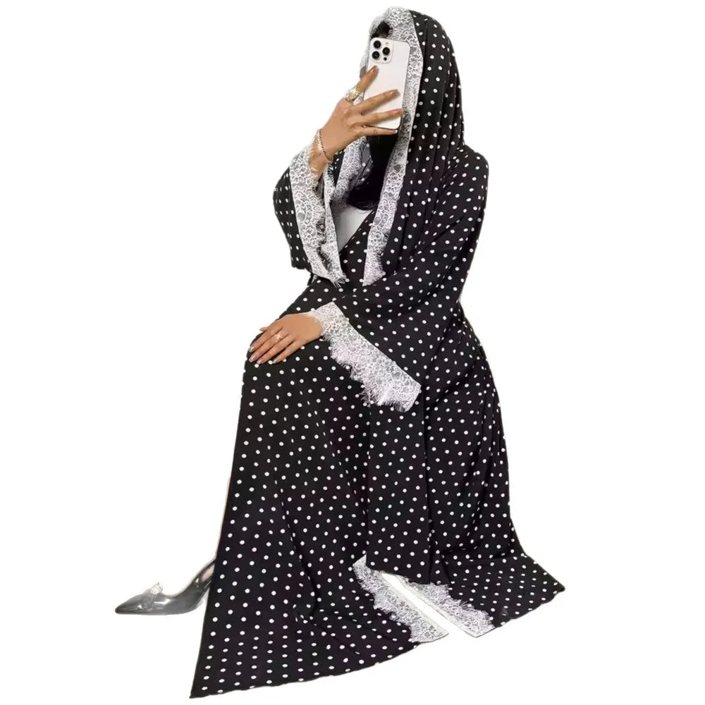 Eid Abaya Women Dresses Dot Print Cardigan Robe Jalabiya Lace Patchwork Ramadan Morocco Dubai Muslim Kaftan Islam Vestidos