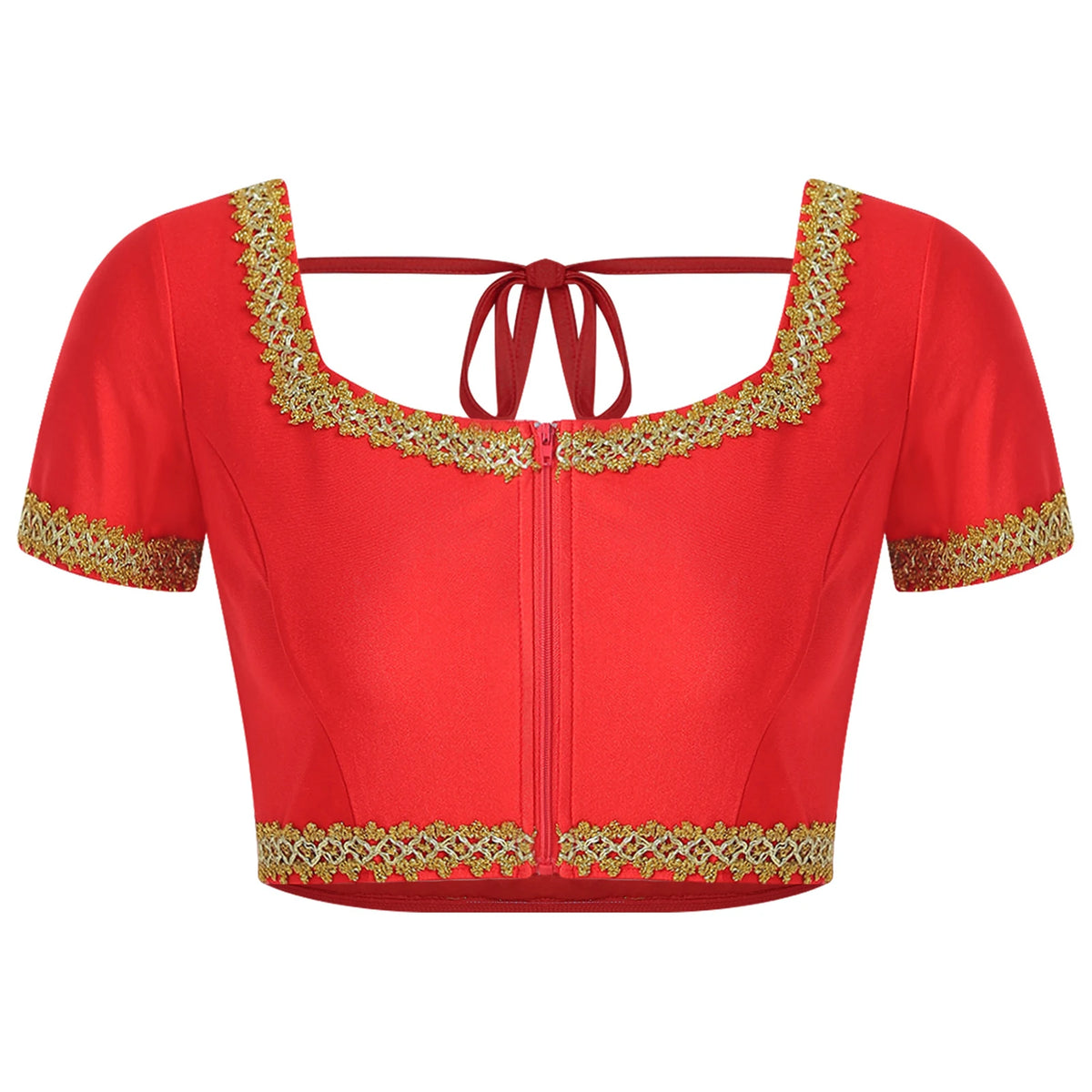 Women Oriental Indian Belly Dance Performance Costume Short Sleeve Front Zipper Crop Top Lace-up Back Bow Tie Gold Trim Tops