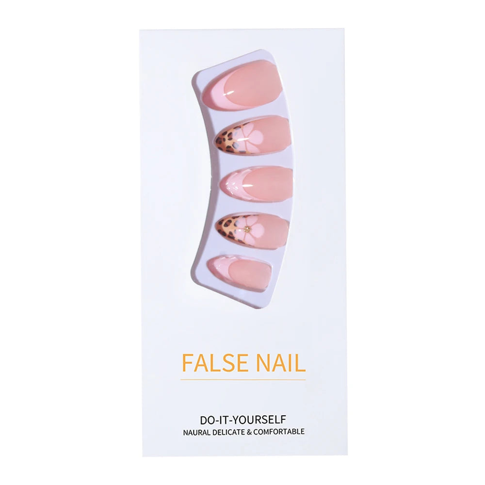 24 pieces of almond-shaped pressing nails, 3D gel flower leopard print French manicure, Y2K style