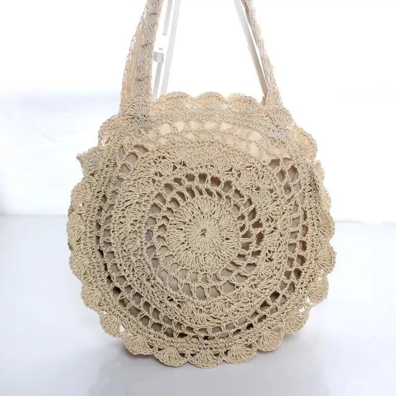 Round Straw Woven Tote Bag Handmade Hollow Design Big Capacity For Summer Beaches