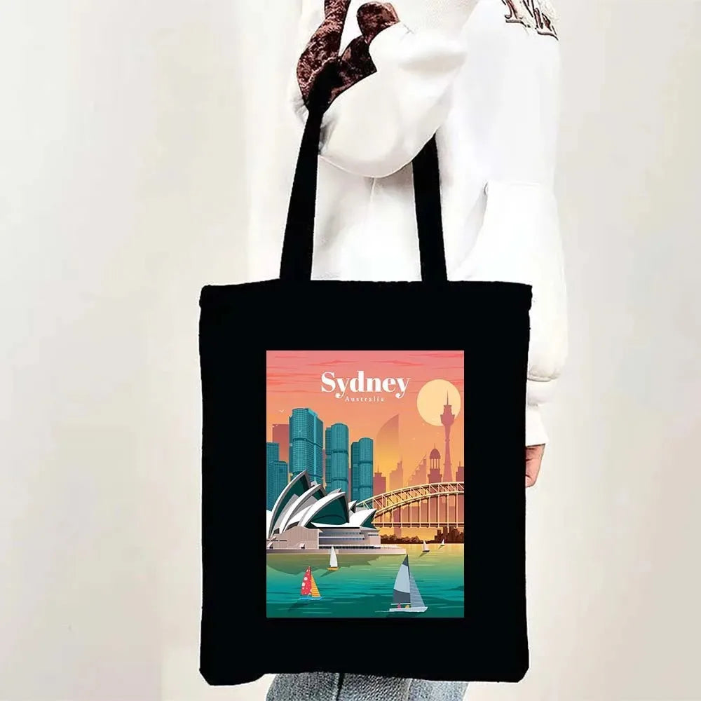 Paris Cityscape Women Shoulder Bag Tokyo Sydney Architectural Logo Eco Tote Large Capacity Portable Canvas Casual Shopping Bags