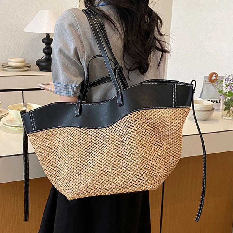 Handmade Straw Woven Tote Bag Summer Beach Large Capacity Shoulder Crossbody Purse Vacation Rattan Handbag French Elegance Bag