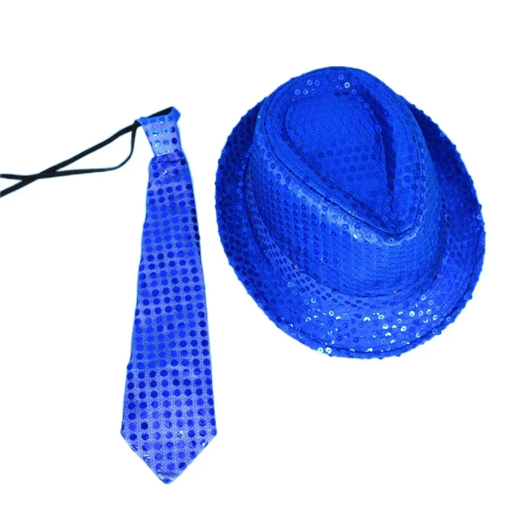 Kids Adult LED Light Up Tie Sequin Jazz Fedora Hat Flashing Neon Glow Party Gift Costume Cap Birthday  Favors Wedding Festival