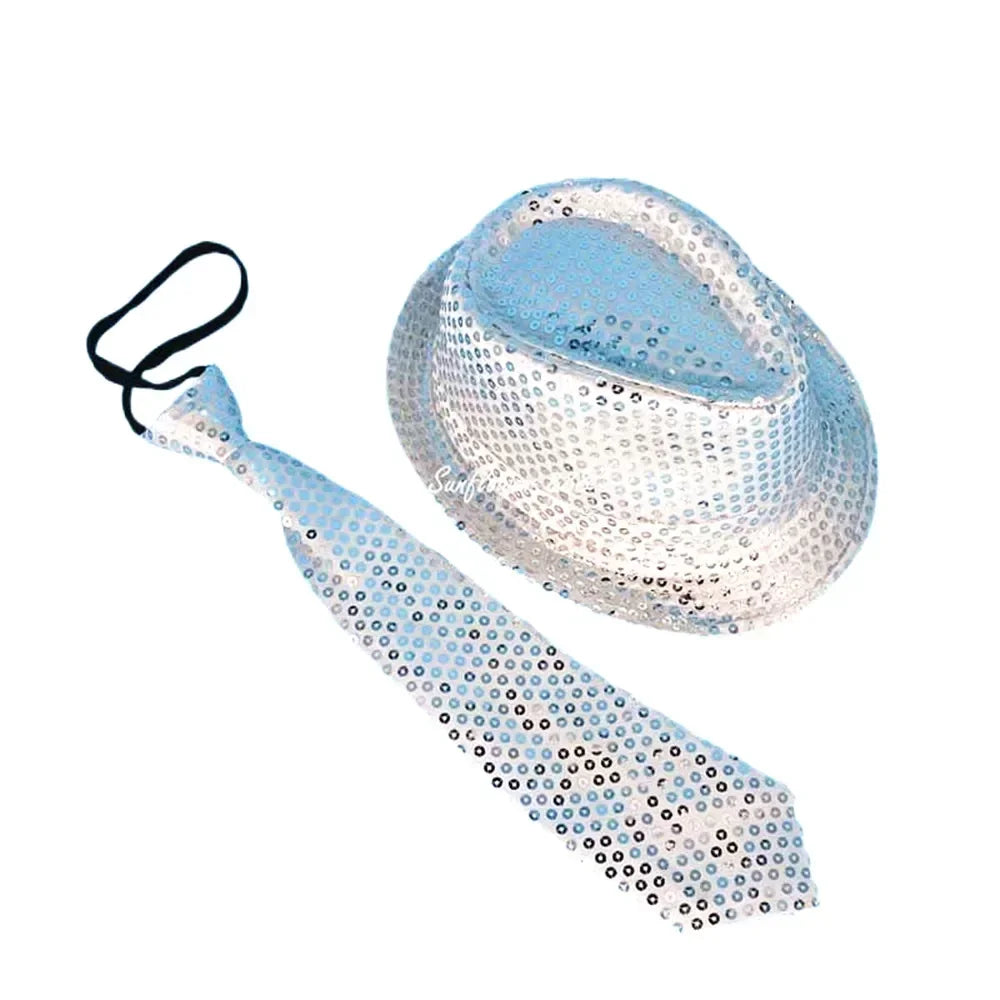 Kids Adult LED Light Up Tie Sequin Jazz Fedora Hat Flashing Neon Glow Party Gift Costume Cap Birthday  Favors Wedding Festival