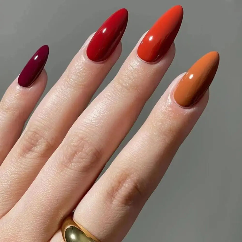 Manicure Long Almond False Nails Vintage Brown Maple Squirrels Press on Nails Gold Lines French Nail Tips DIY