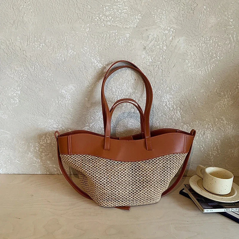 Handmade Straw Woven Tote Bag Summer Beach Large Capacity Shoulder Crossbody Purse Vacation Rattan Handbag French Elegance Bag
