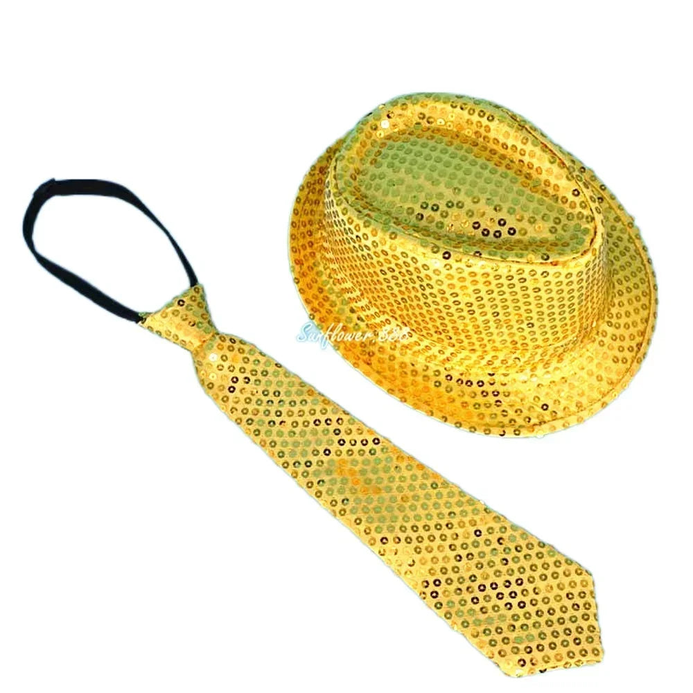 Kids Adult LED Light Up Tie Sequin Jazz Fedora Hat Flashing Neon Glow Party Gift Costume Cap Birthday  Favors Wedding Festival