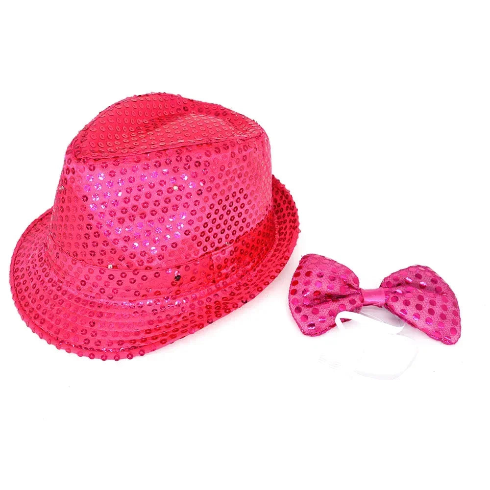 Kids Adult LED Light Up Tie Sequin Jazz Fedora Hat Flashing Neon Glow Party Gift Costume Cap Birthday  Favors Wedding Festival