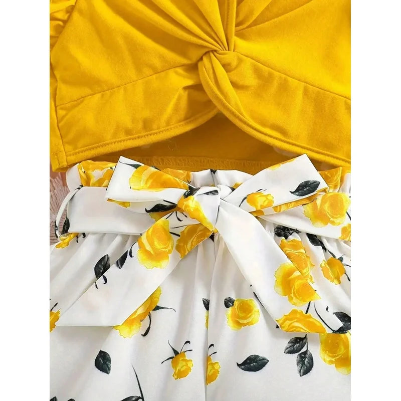 Kids Clothing Set Summer Casual Ruffle Edge Sleeveless Bow Solid Color Top with Printed Pattern Shorts And Belt