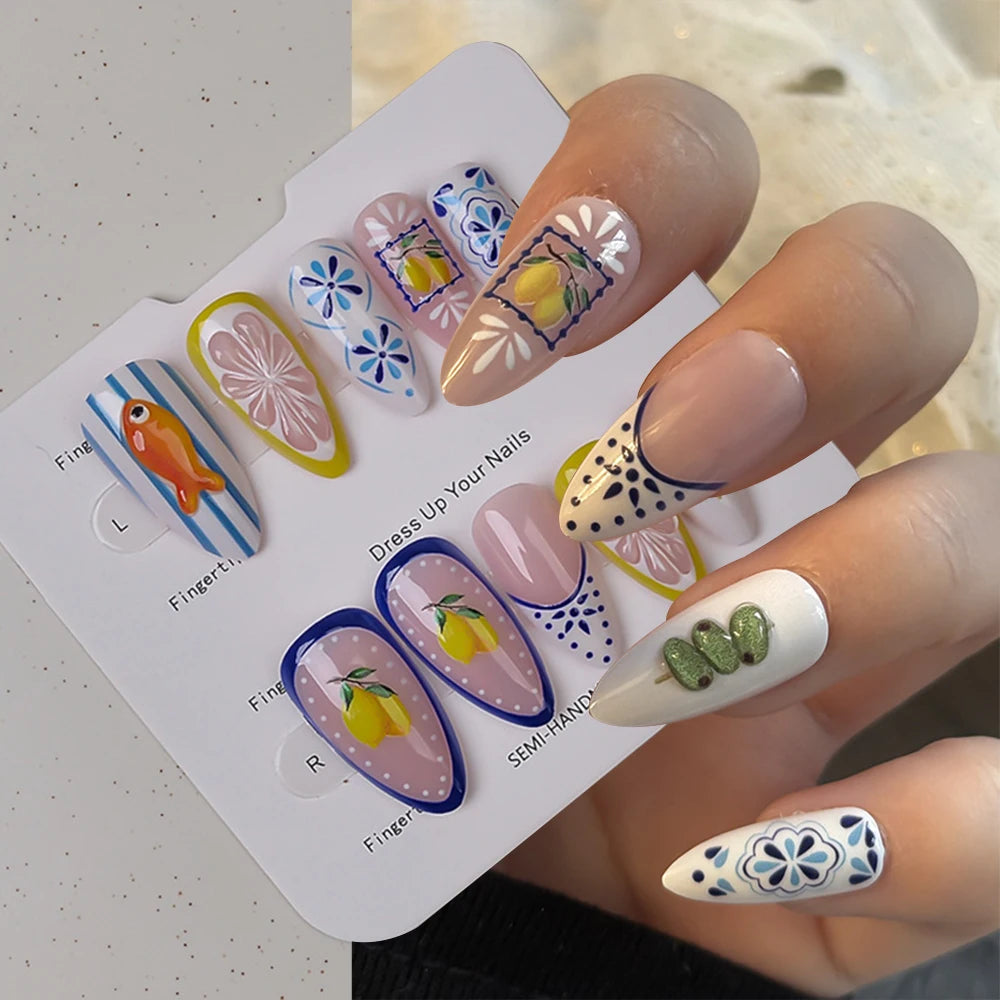 24Pcs Cute Lemon Press on Nails Summer Medium Fake Nails French Almond Manicure Tips False Nails for Women Nail Decoration