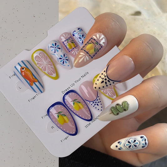 24Pcs Cute Lemon Press on Nails Summer Medium Fake Nails French Almond Manicure Tips False Nails for Women Nail Decoration
