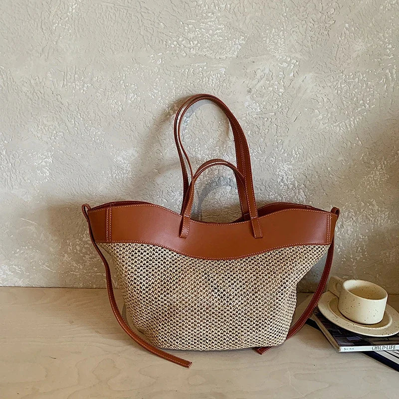 Handmade Straw Woven Tote Bag Summer Beach Large Capacity Shoulder Crossbody Purse Vacation Rattan Handbag French Elegance Bag